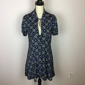 Free People Melody Mini Dress Size 8 Womans Blue Printed V-neck Button Front Y2K